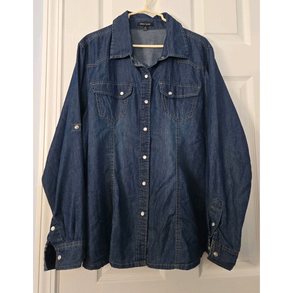 New Look Denim Shirt Women's 2X Western Style Roll Tab Sleeves Faded Wash